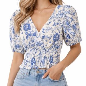 Elegant Cream and Blue Floral Blouse